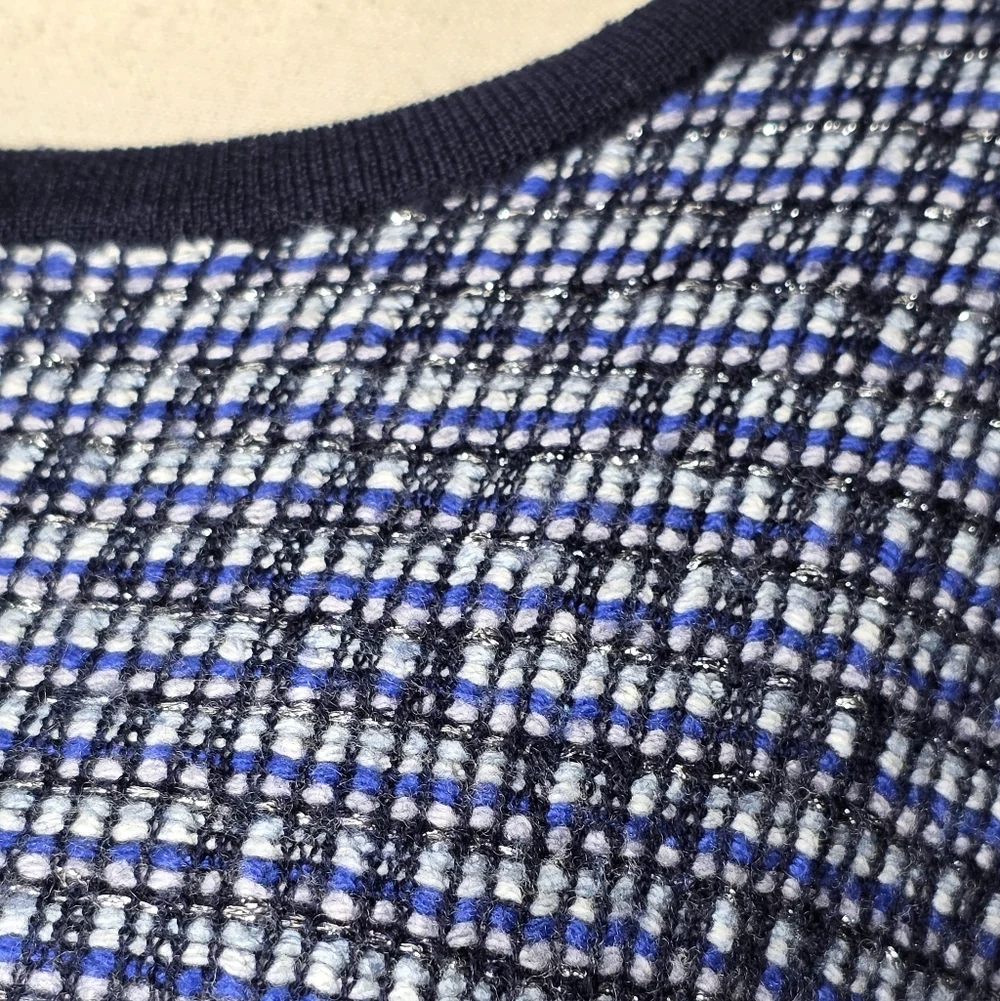 J.Crew Blue Plaid Tweed Knit Wool Blend Sweater Large 3/4 Sleeve